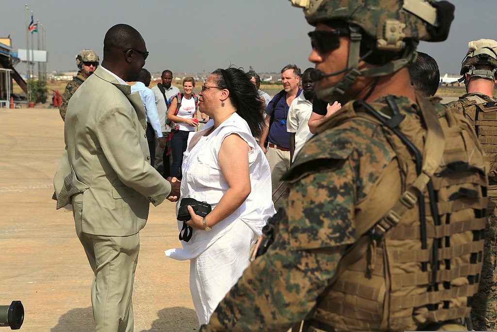 U.S. Ambassador Susan D. Page with embassy staff and U.S. Marines during an evacuation in Juba, South Sudan.