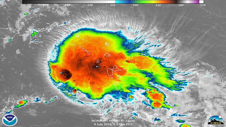 Infrared satellite image of Hurricane Beryl over the northeastern Caribbean Sea and northern Leeward Islands.